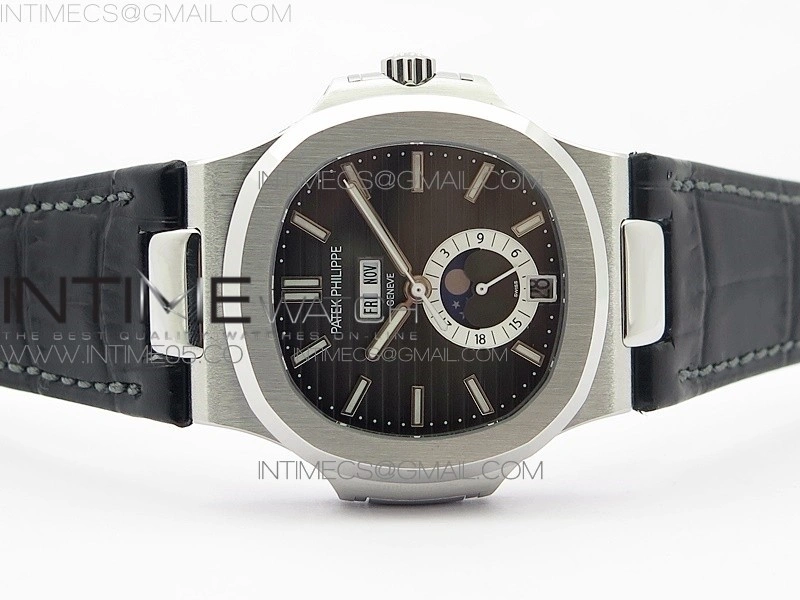 NAUTILUS 5726 SS GRF 1:1 BEST EDITION GRAY DIAL WORKING ANNUAL CALENDARON BLACK LEATHER STARP A.324 V2